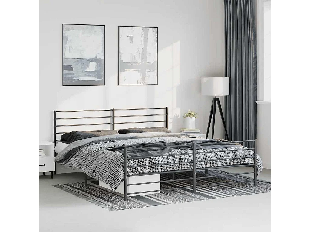 Cadre de lit métal sans matelas avec pied de lit noir 183x213cm