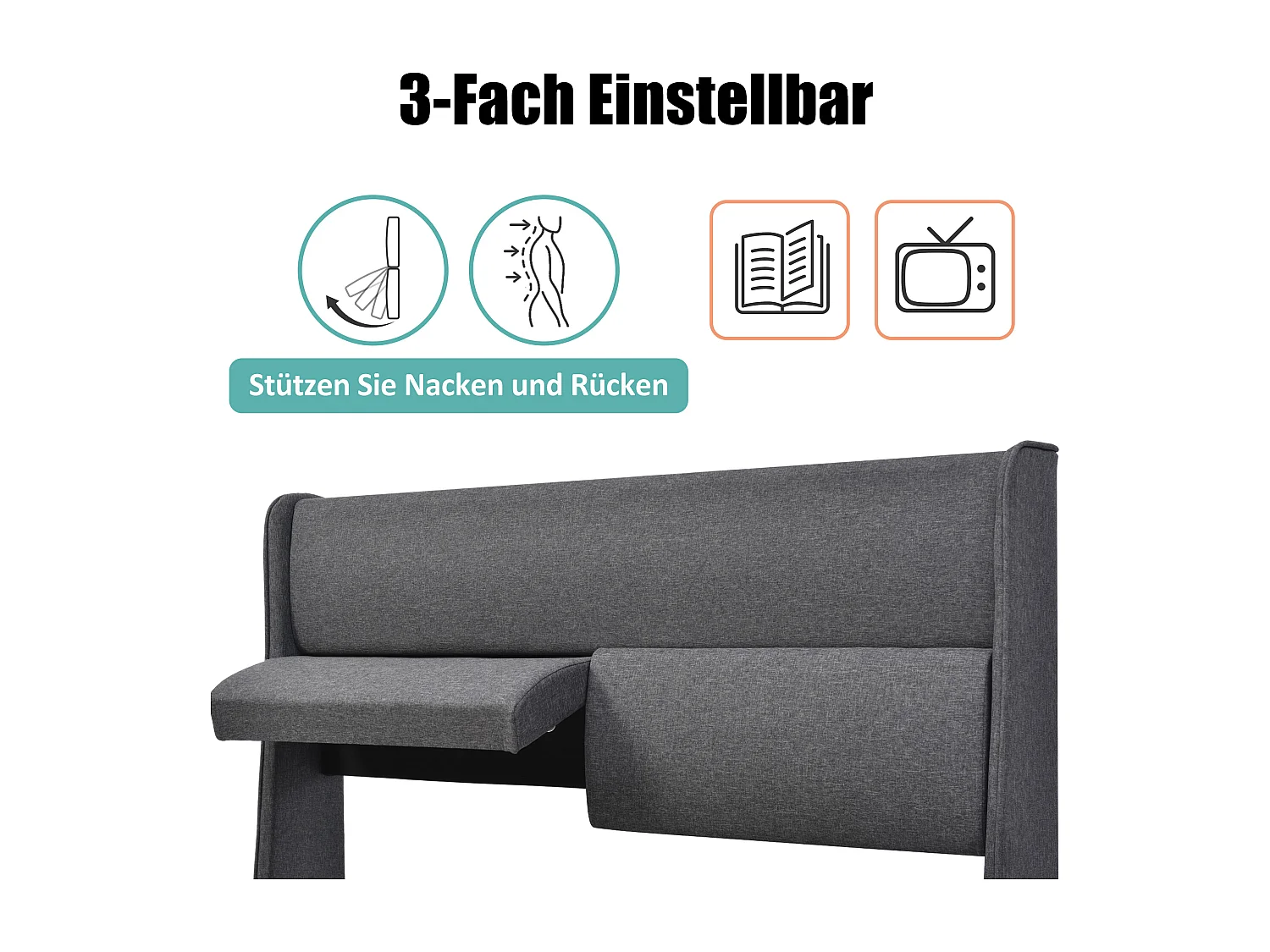 Lit Rembourré - 180 X 200 cm - Double D'Ados En Lin Avec Appuie-Têtes Réglables Et Espace De Rangement - Sommier À Lattes - Gris