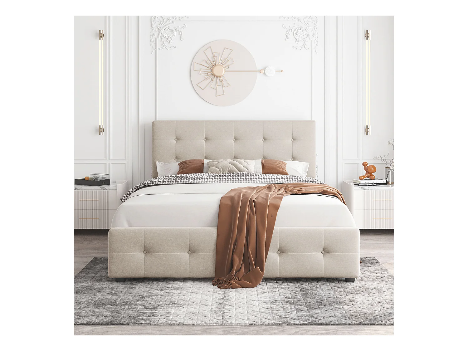 Lit Rembourré Double 140 X 200 cm Avec 4 Tiroirs - Sommier À Lattes et Dossier -  En Velours - Beige - Sans Matelas