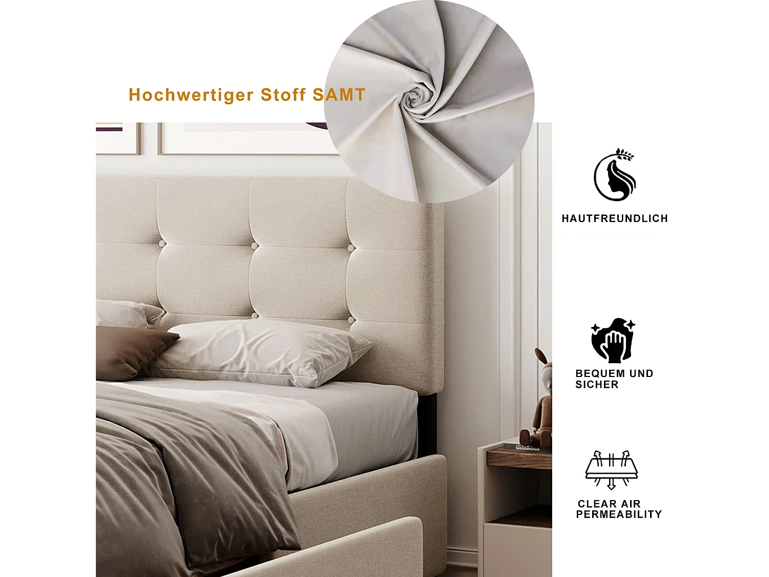 Cama acolchoada para adulto 180 x 969 cm, sem cabeceira, com faixa LED (monocromática), base com suspensão hidráulica, bege.