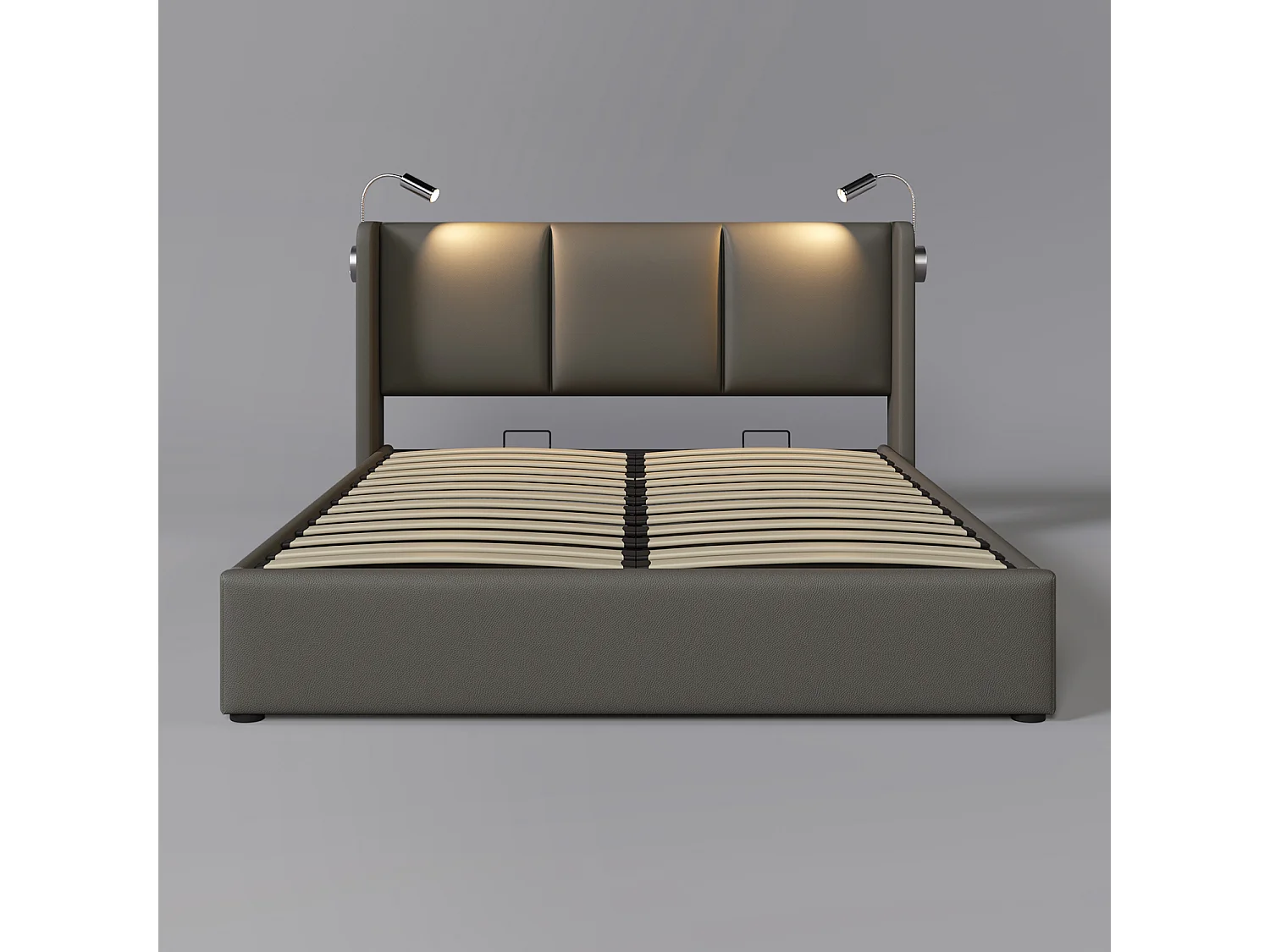 Cama acolchoada para adulto 180 x 267 cm, sem cabeceira, com faixa LED (monocromática), base com suspensão hidráulica, bege.