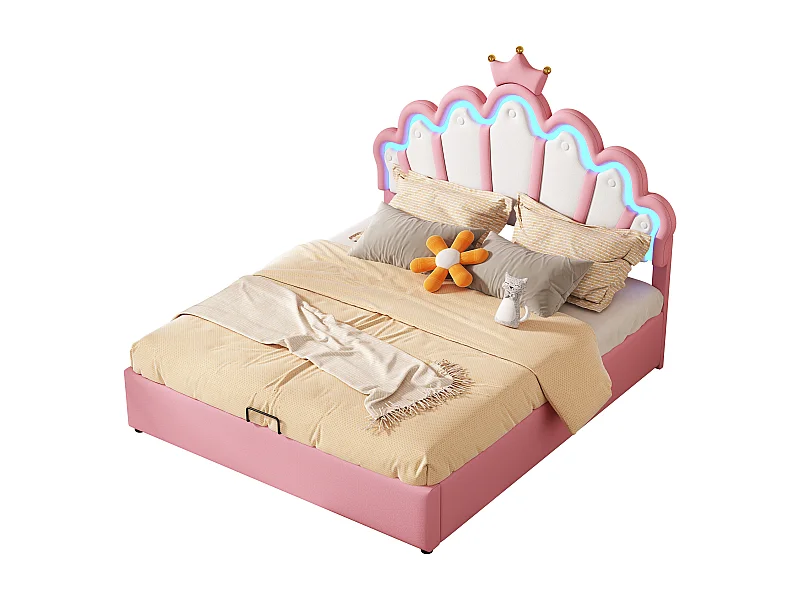 Cama acolchoada para adulto 180 x 972 cm, sem cabeceira, com faixa LED (monocromática), base com suspensão hidráulica, bege.