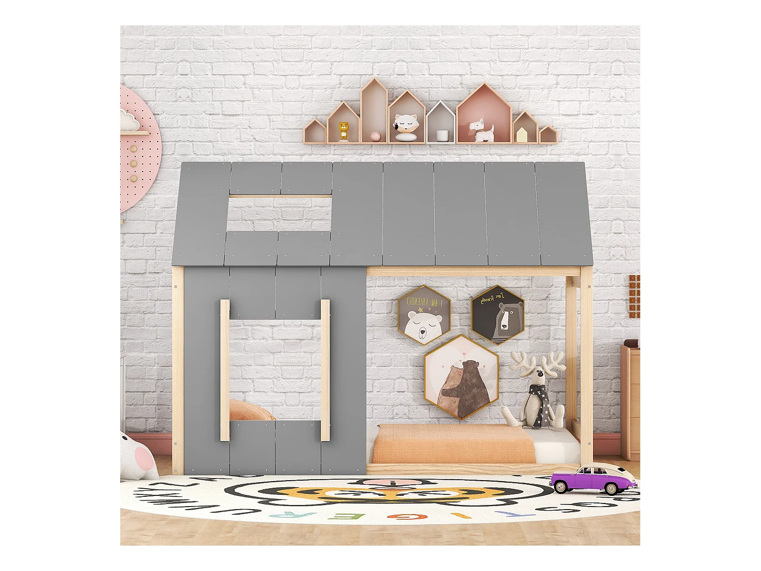 Lit Simple Enfant 90 X 200 cm - Forme De Maison - Naturel + Gris