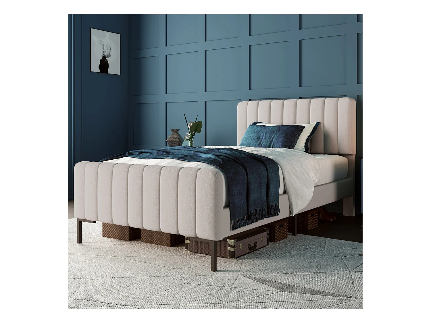Lit Simple Rembourré - 90 X 200 cm - Avec Sommier À Lattes Et Tête De Lit Réglable - Gris Et Beige - Matelas Inclus