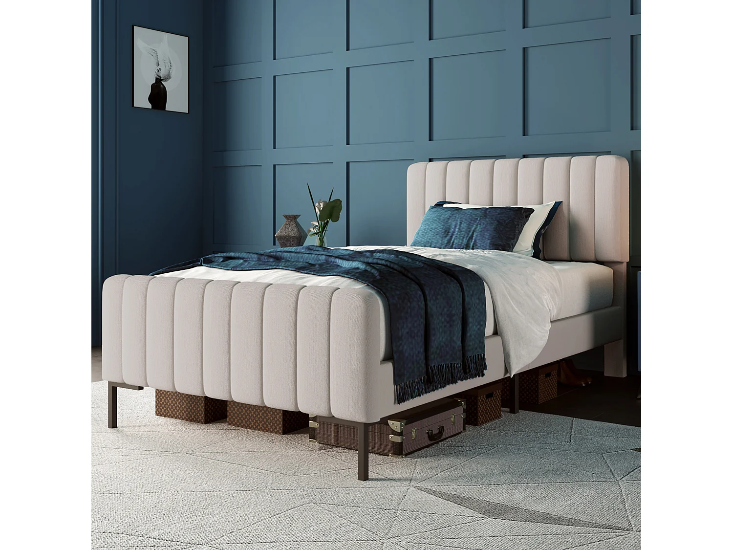 Lit Simple Rembourré - 90 X 200 cm - Avec Sommier À Lattes Et Tête De Lit Réglable - Gris Et Beige - Matelas Inclus