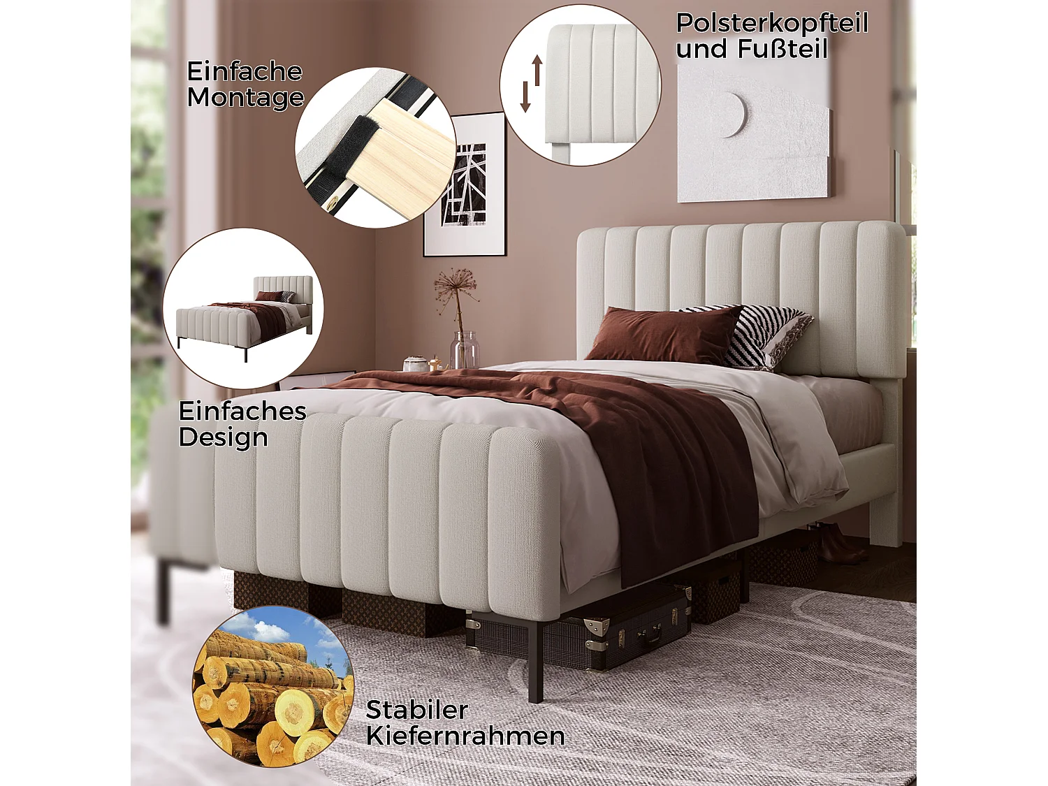 Lit Simple Rembourré - 90 X 200 cm - Avec Sommier À Lattes Et Tête De Lit Réglable - Gris Et Beige - Matelas Inclus