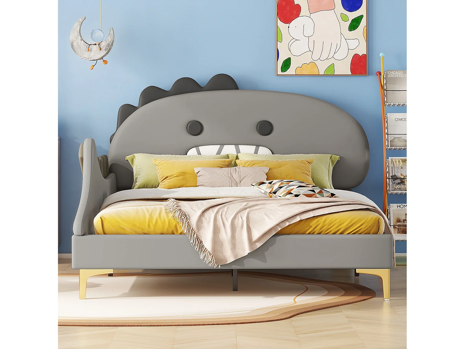 Lit plat gris 140 * 200cm pour les enfants, dessin animé dinosaure forme, pu matériel