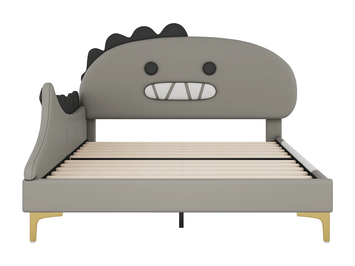 Lit plat gris 140 * 200cm pour les enfants, dessin animé dinosaure forme, pu matériel