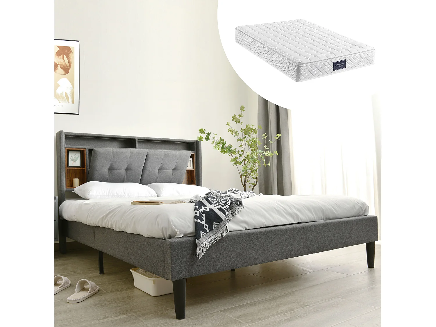 Cama acolchoada para adulto 180 x 1254 cm, sem cabeceira, com faixa LED (monocromática), base com suspensão hidráulica, bege.