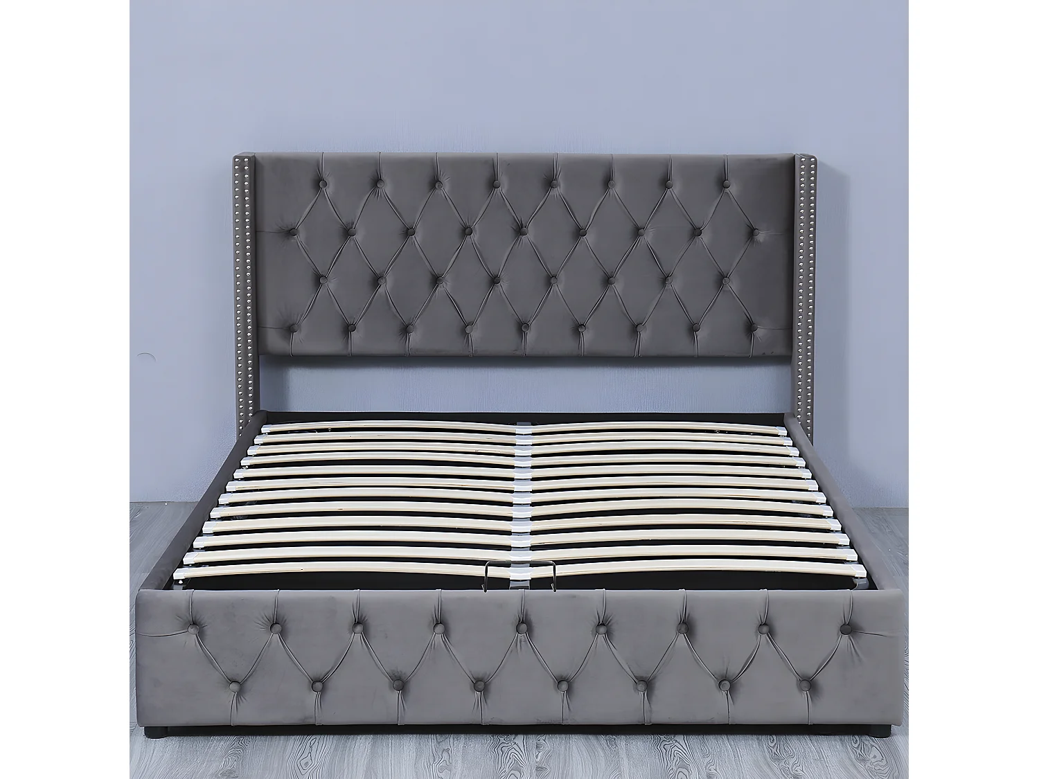 Cama acolchoada para adulto 180 x 1296 cm, sem cabeceira, com faixa LED (monocromática), base com suspensão hidráulica, bege.