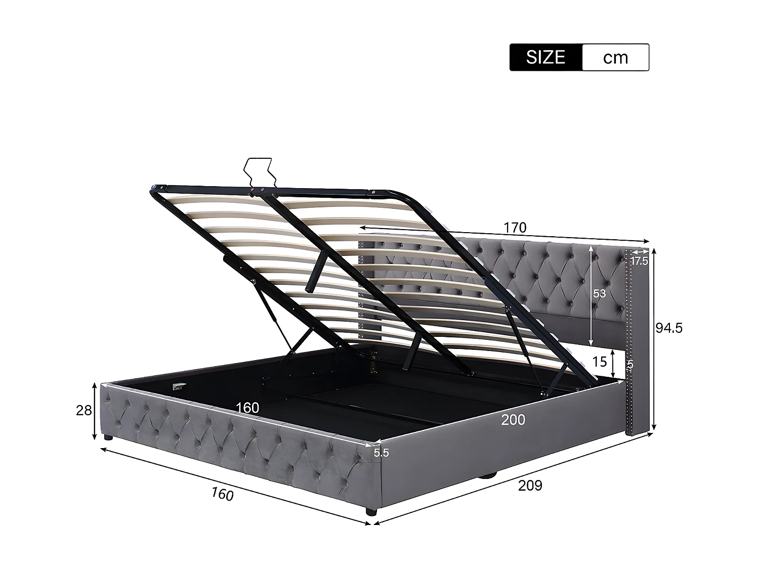 Cama acolchoada para adulto 180 x 1296 cm, sem cabeceira, com faixa LED (monocromática), base com suspensão hidráulica, bege.