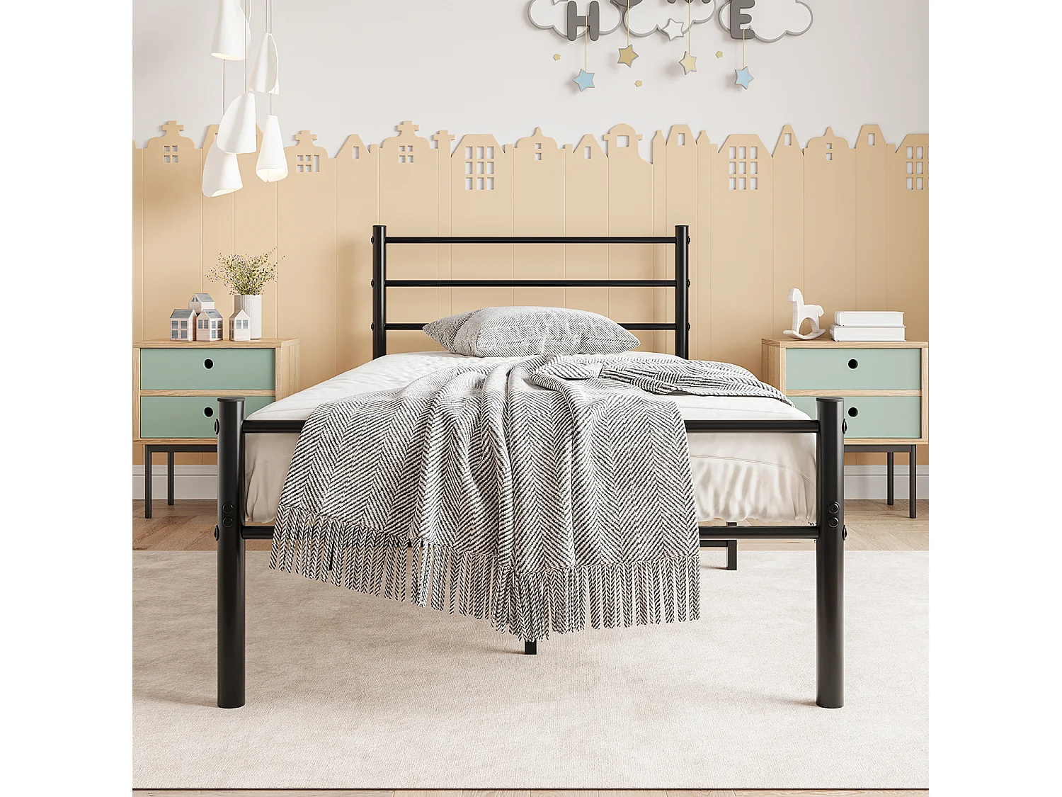 Lit simple en métal Lit en métal, Lit moderne pour adolescents Cadre de lit avec sommier à lattes pour chambre à coucher Lit en noir 90x200 cm