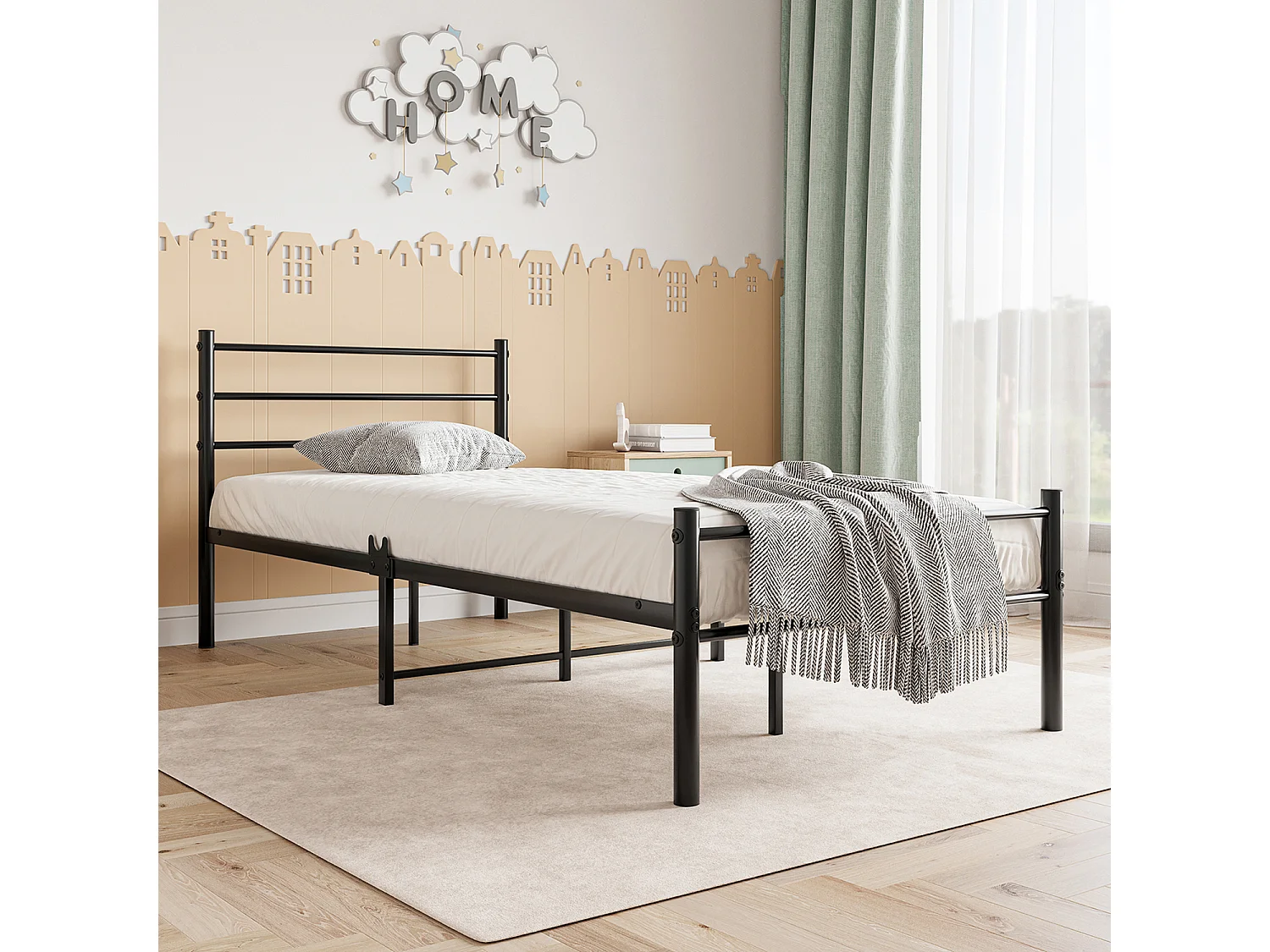 Lit simple en métal Lit en métal, Lit moderne pour adolescents Cadre de lit avec sommier à lattes pour chambre à coucher Lit en noir 90x200 cm