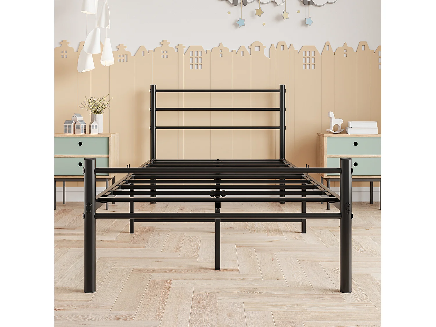 Lit simple en métal Lit en métal, Lit moderne pour adolescents Cadre de lit avec sommier à lattes pour chambre à coucher Lit en noir 90x200 cm
