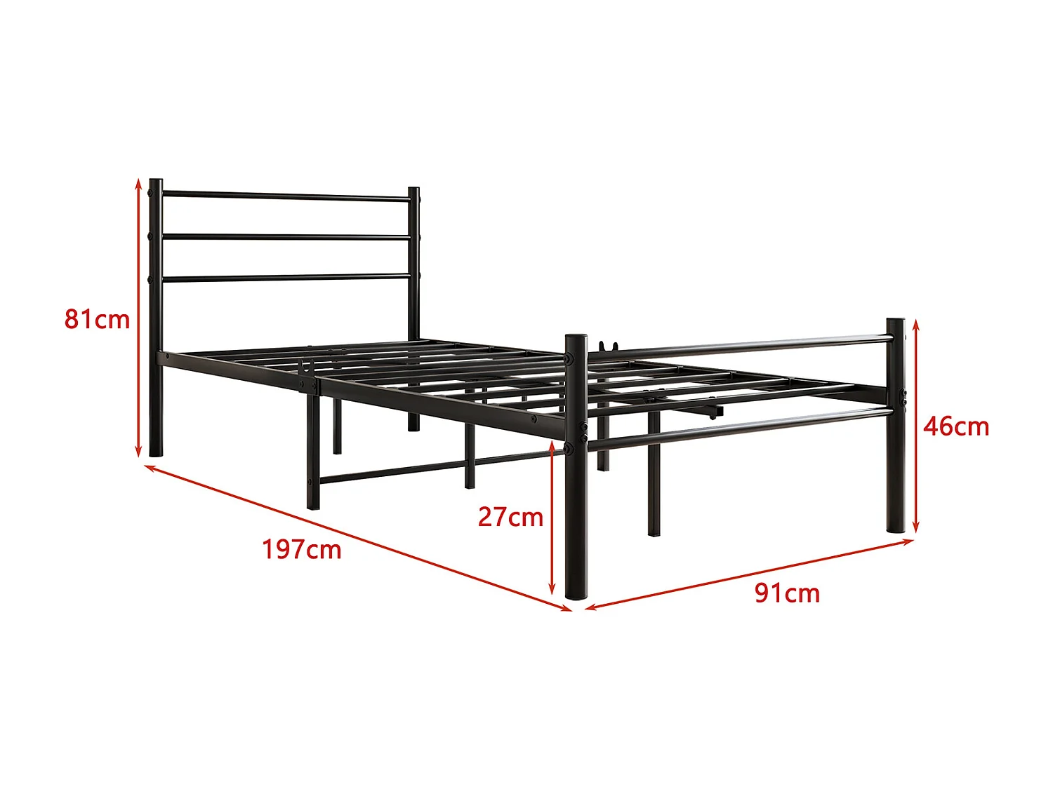 Lit simple en métal Lit en métal, Lit moderne pour adolescents Cadre de lit avec sommier à lattes pour chambre à coucher Lit en noir 90x200 cm