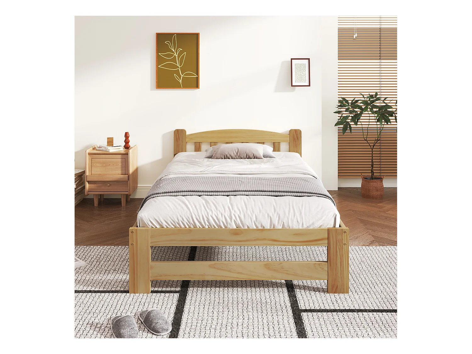 Lit En Bois Massif - 90 X 200 cm - Avec Tête De Lit Et Sommier À Lattes - Naturel