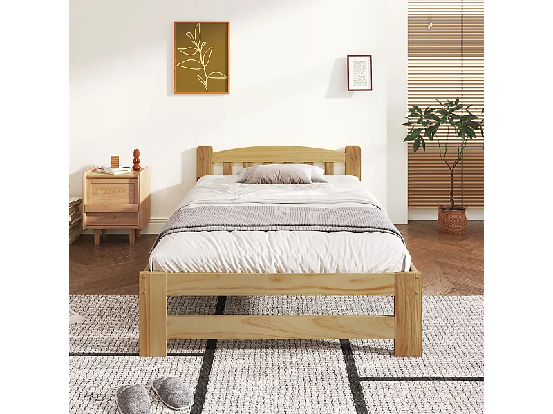 Lit En Bois Massif - 90 X 200 cm - Avec Tête De Lit Et Sommier À Lattes - Naturel