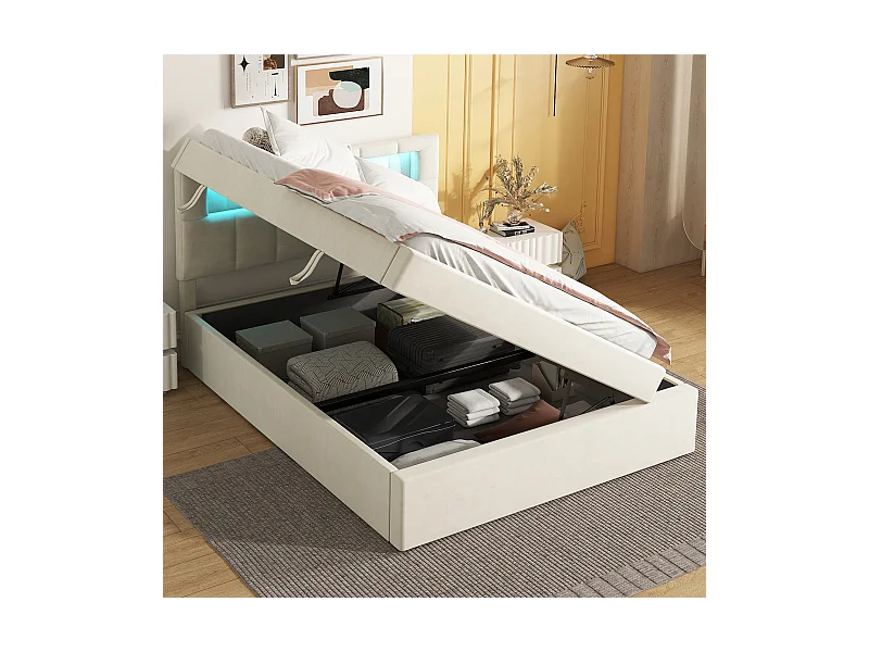 Lit rembourré 90*200 cm, Lumière d'ambiance au chevet, S'ouvre d'un côté, Tête de lit réglable, Velours, Beige