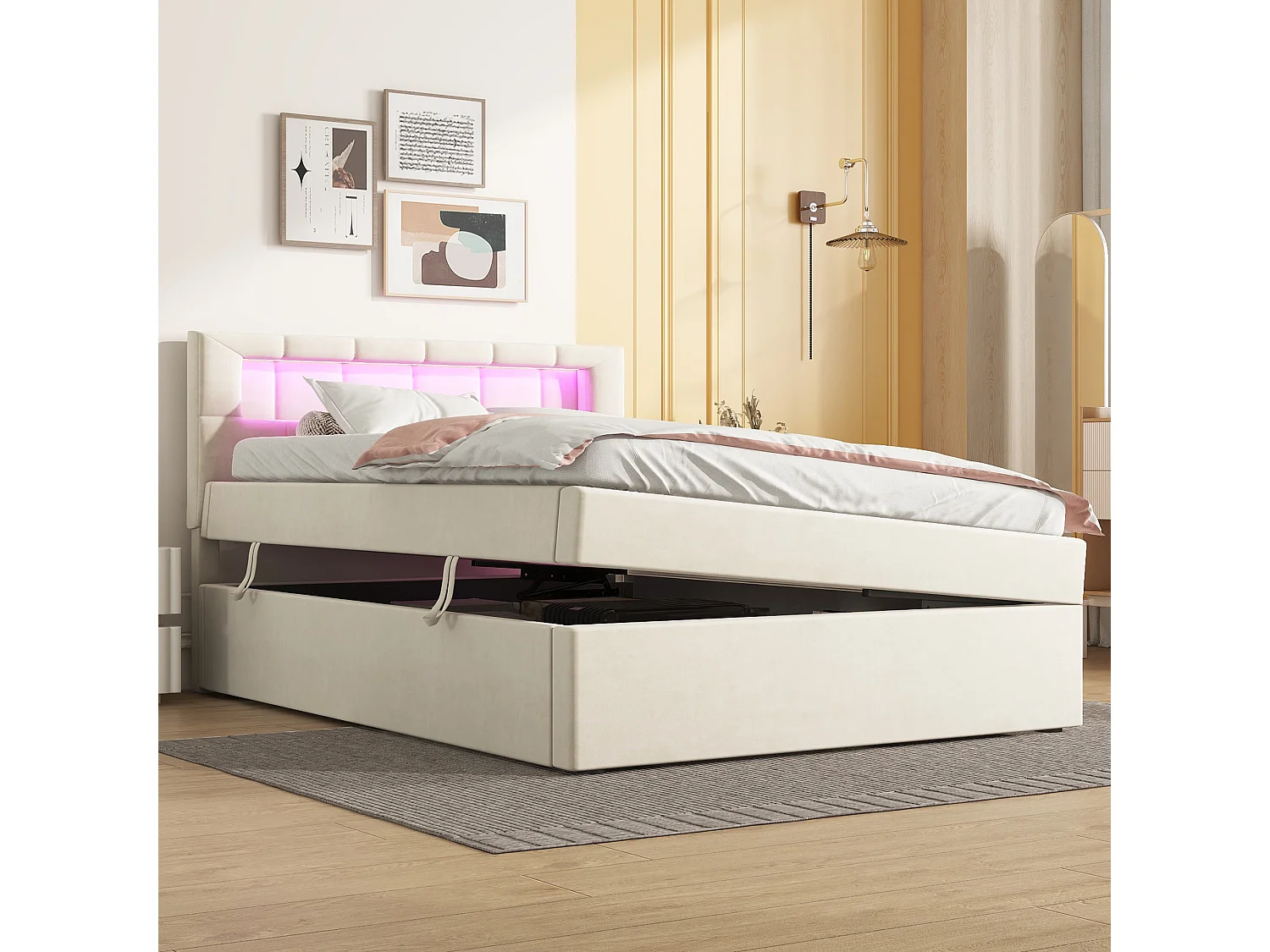 Cama acolchoada para adulto 180 x 997 cm, sem cabeceira, com faixa LED (monocromática), base com suspensão hidráulica, bege.