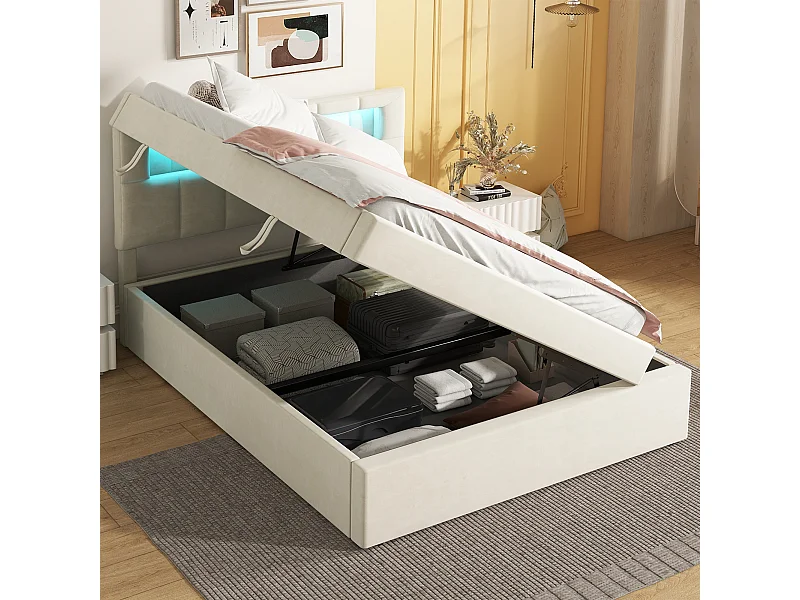 Cama acolchoada para adulto 180 x 997 cm, sem cabeceira, com faixa LED (monocromática), base com suspensão hidráulica, bege.