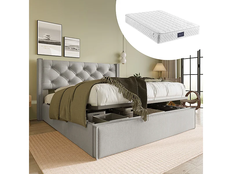 Cama acolchoada para adulto 180 x 281 cm, sem cabeceira, com faixa LED (monocromática), base com suspensão hidráulica, bege.