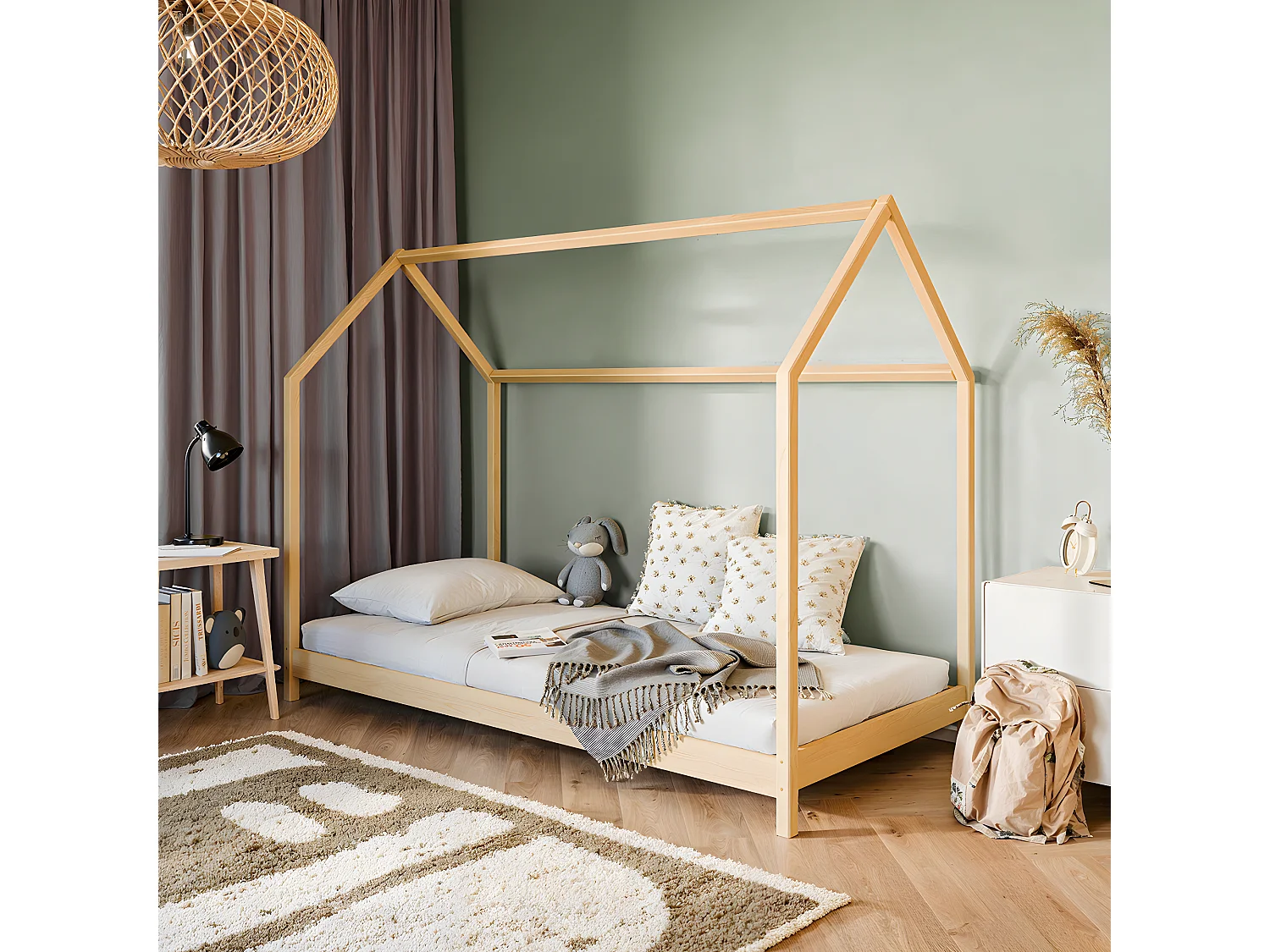 Lit cabane 90x200 sommier inclus Léonce Bois