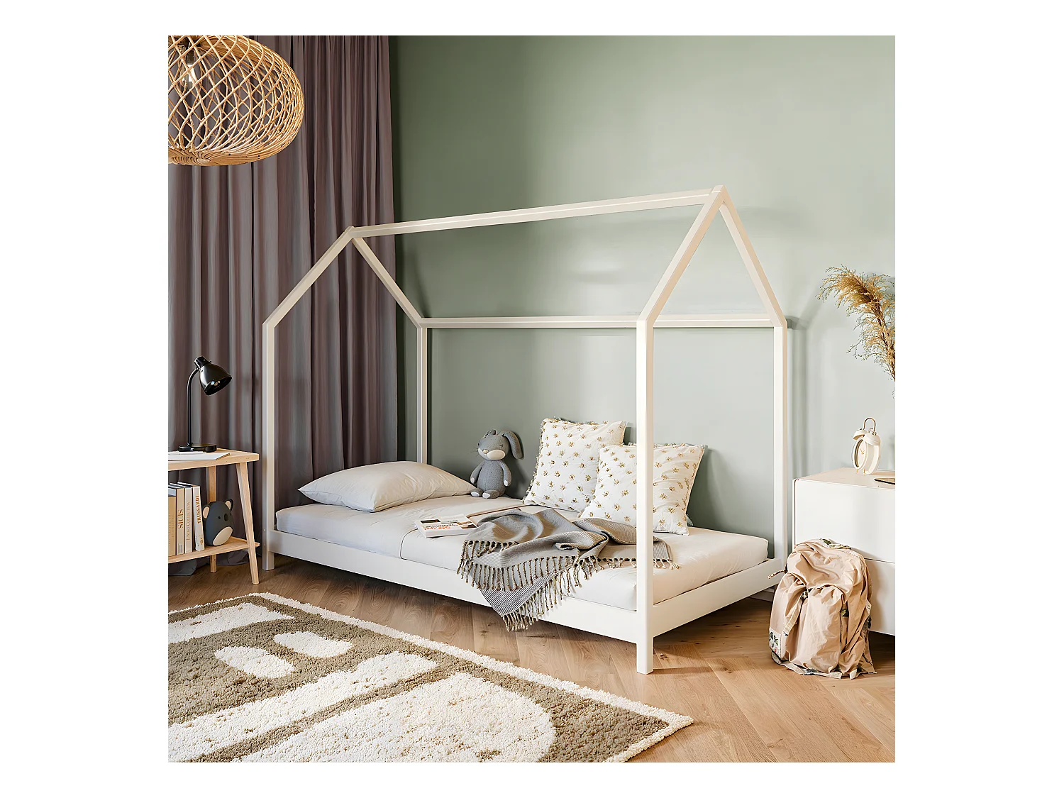 Lit cabane 90x200 sommier inclus Léonce Blanc