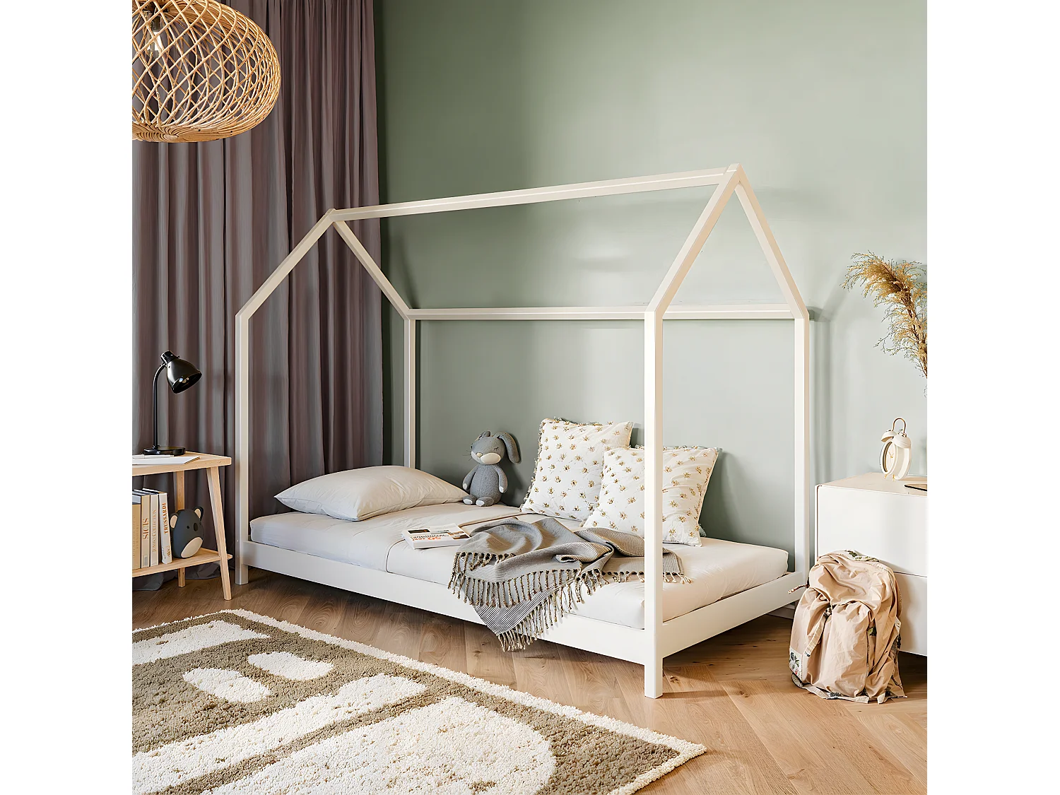 Lit cabane 90x200 sommier inclus Léonce Blanc