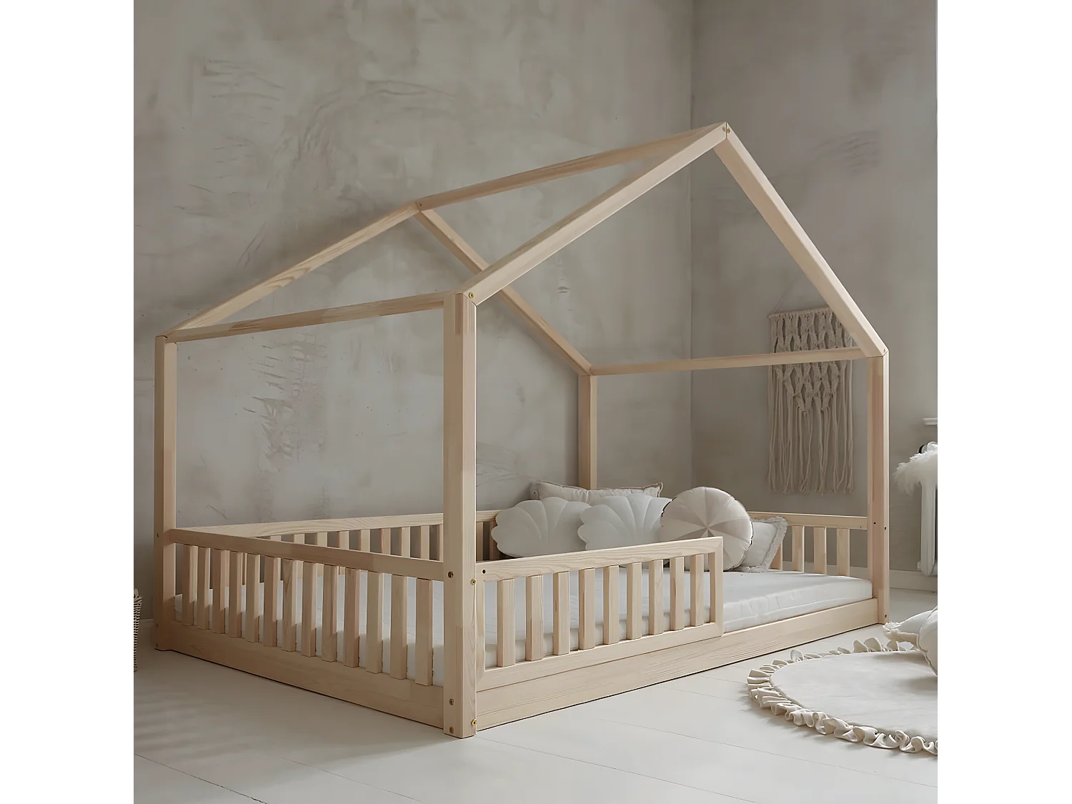 Cama de cabana 140x200 barreira e estrado de molas incluídos pés 1 cm Roxane Bois