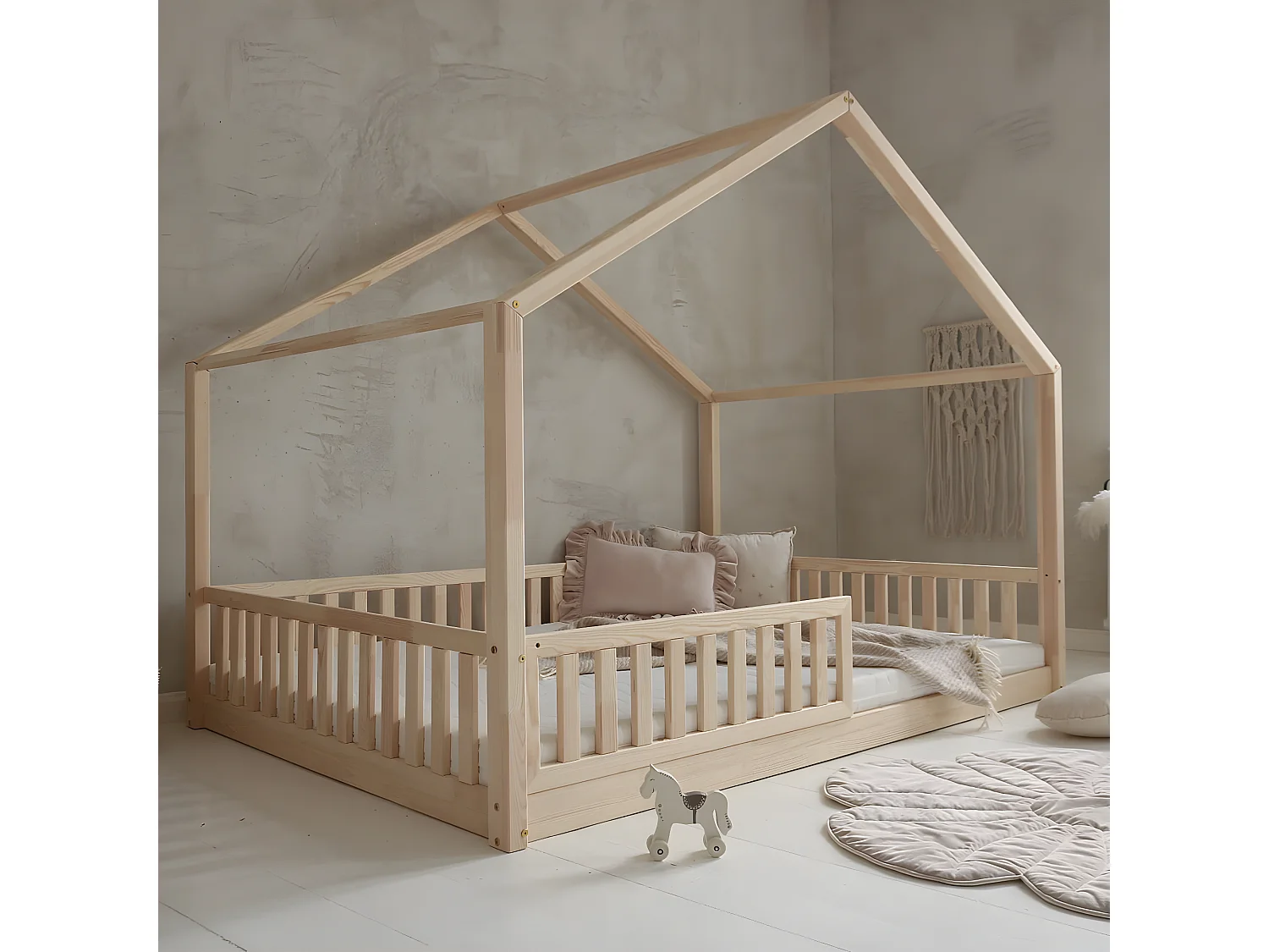 Cama de cabana 140x200 barreira e estrado de molas incluídos pés 1 cm Roxane Bois