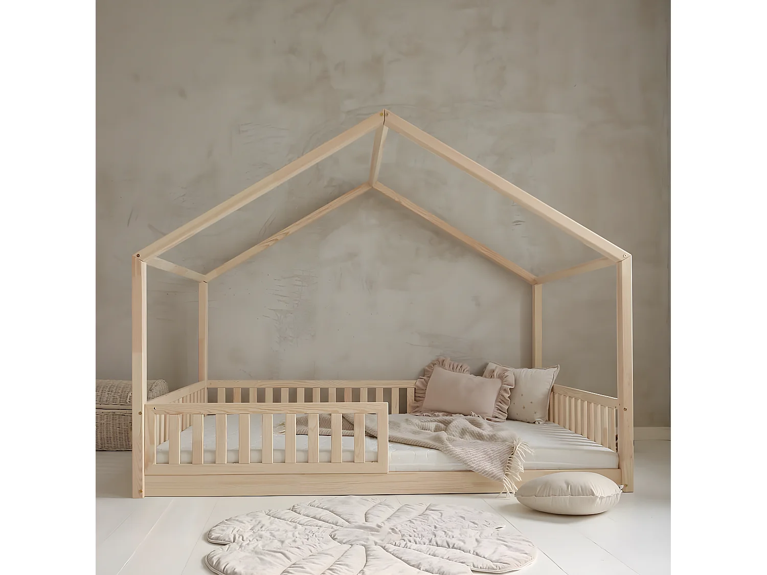 Cama de cabana 140x200 barreira e estrado de molas incluídos pés 1 cm Roxane Bois