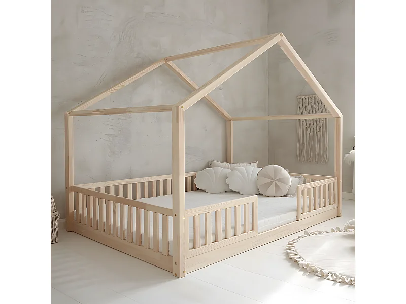 Lit cabane 140x200 barrières et sommier inclus pieds 1 cm Roxane Bois