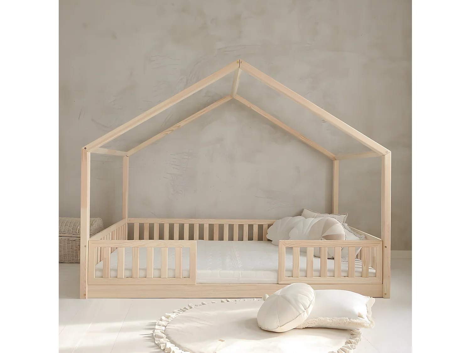 Cama de cabana 140x200 incluindo barreiras e base de ripas com pernas de 1 cm Roxane Bois