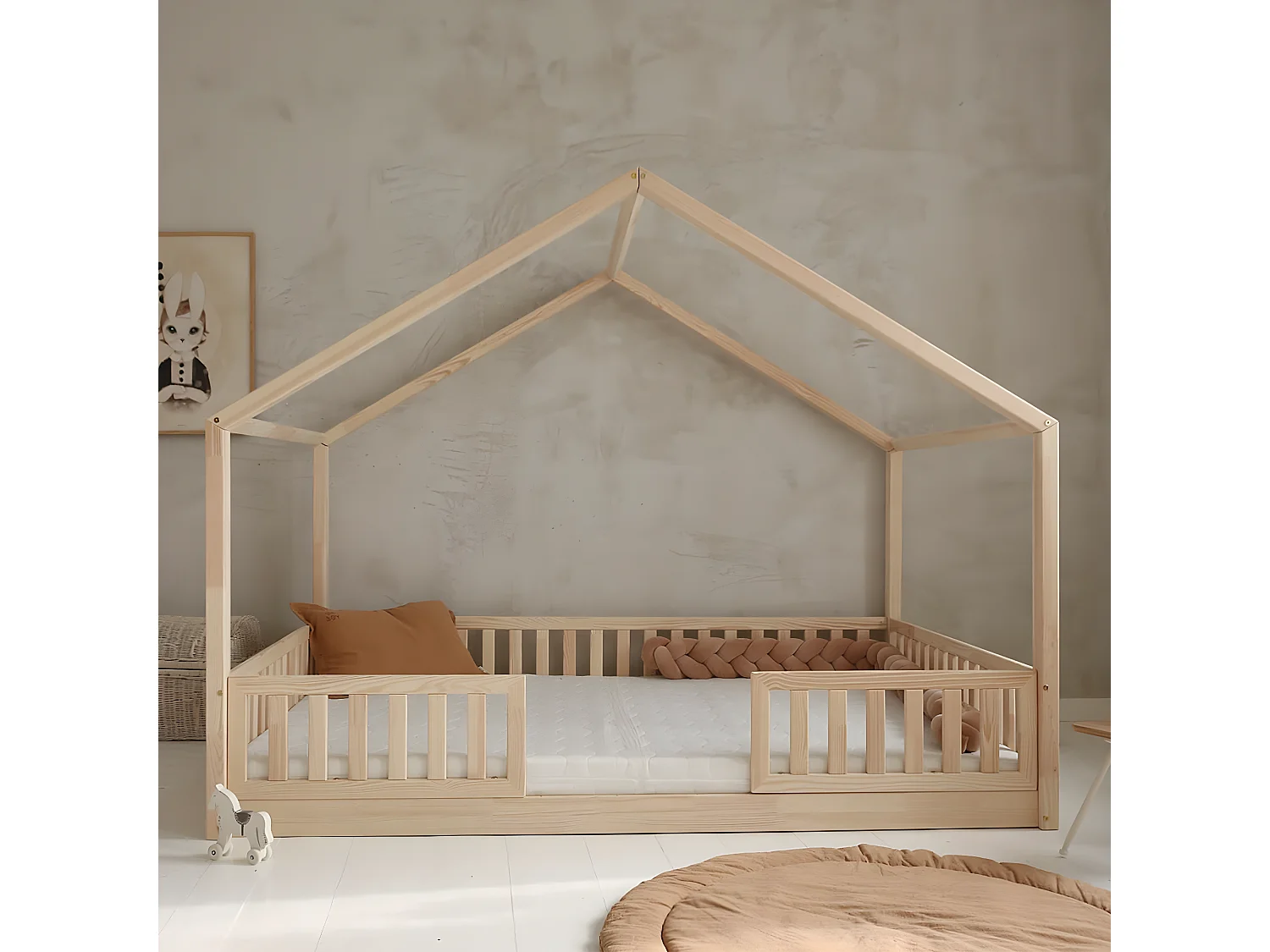 Cama de cabana 140x200 incluindo barreiras e base de ripas com pernas de 1 cm Roxane Bois