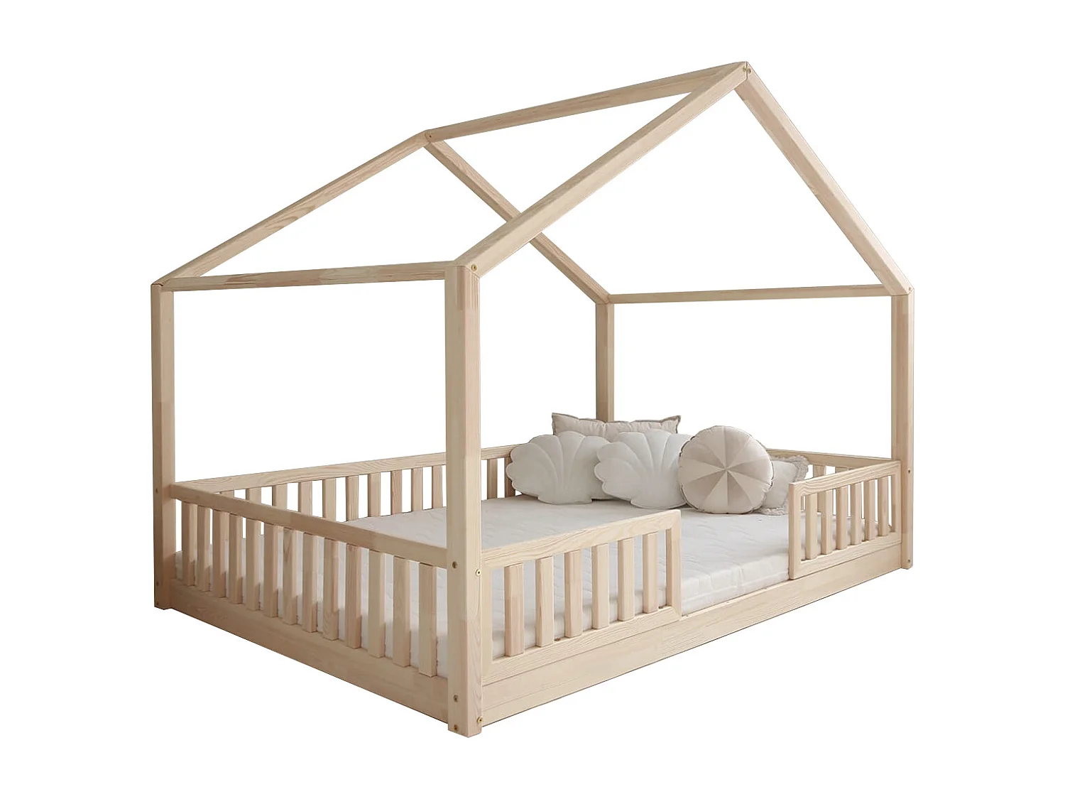 Lit cabane 140x200 barrières et sommier inclus pieds 1 cm Roxane Bois