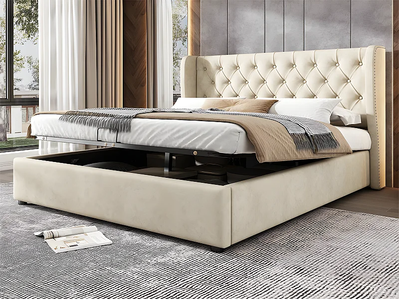 Samtgepolstertes Stauraumbett 140 x 190 cm mit Lattenrost – Beige