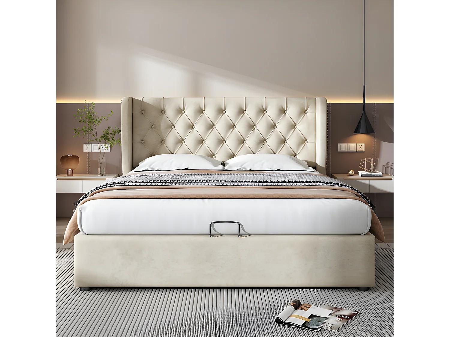 Letto contenitore imbottito in velluto 140x190 cm con rete a doghe - Beige