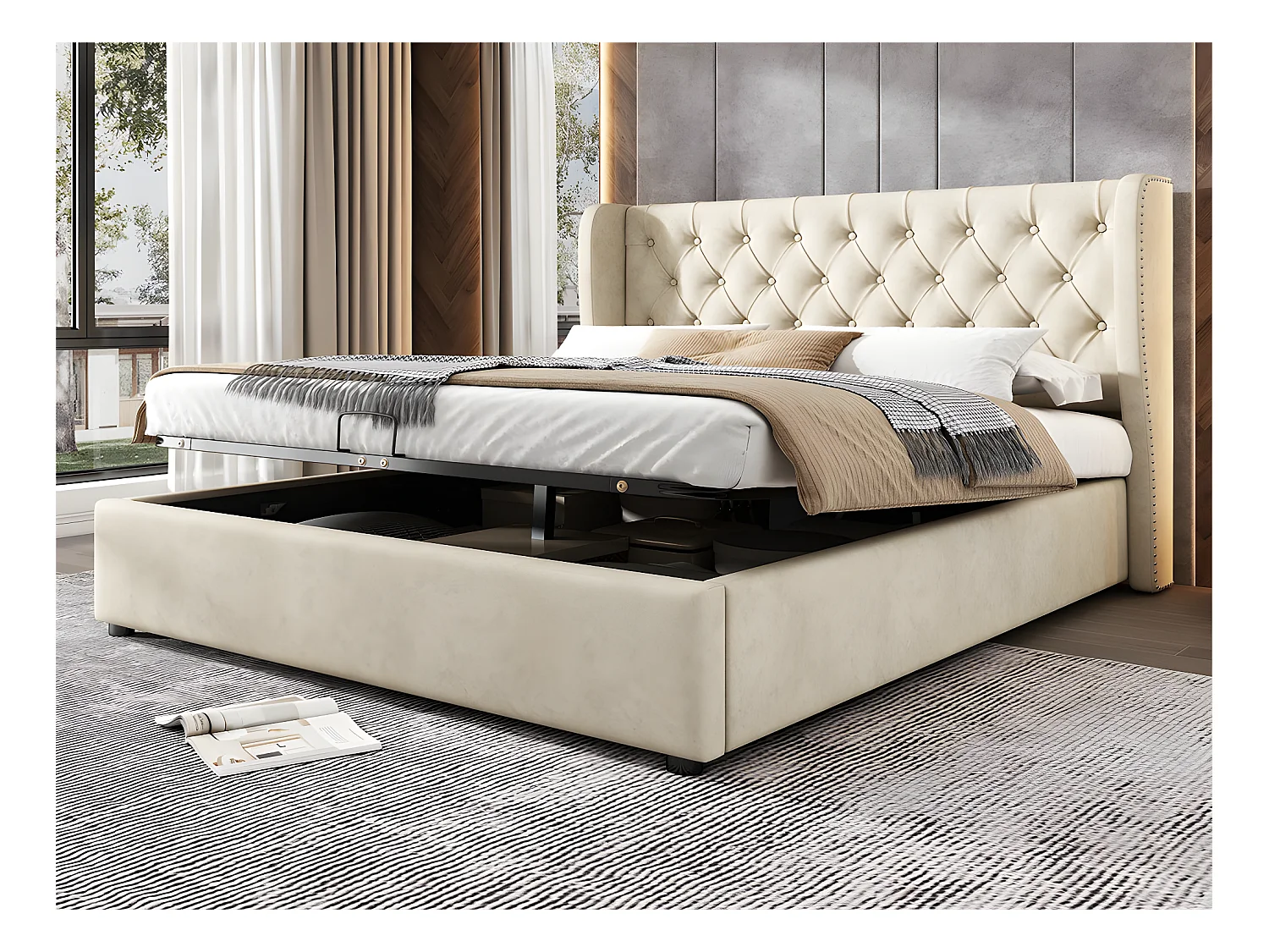 Lit coffre capitonné en velours 140x190cm avec sommier à lattes - Beige