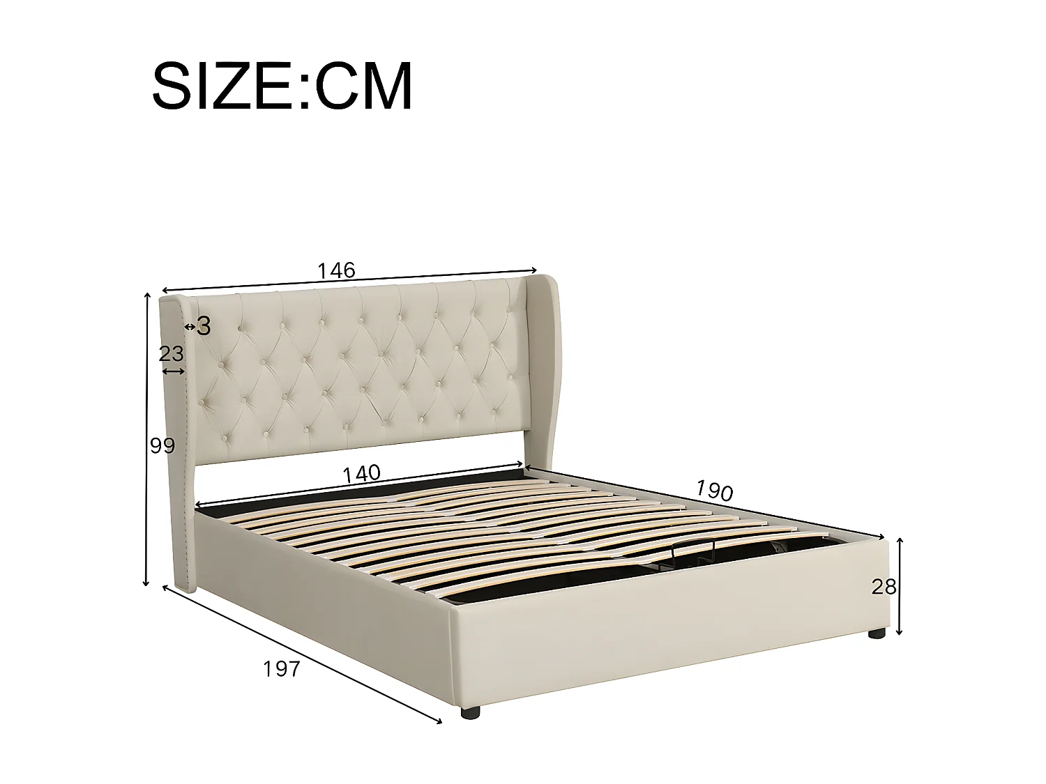 Lit coffre capitonné en velours 140x190cm avec sommier à lattes - Beige