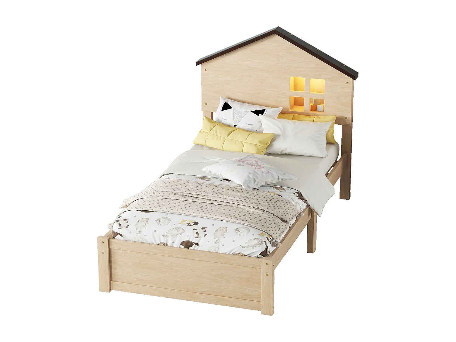 90 * 200cm lit plat pour les enfants, bois massif, petite décoration de fenêtre, veilleuse LED