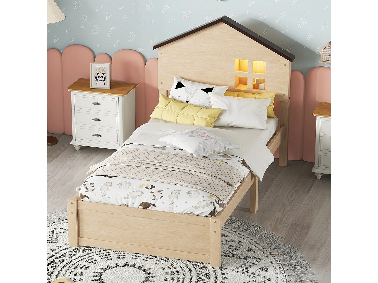 90 * 200cm lit plat pour les enfants, bois massif, petite décoration de fenêtre, veilleuse LED