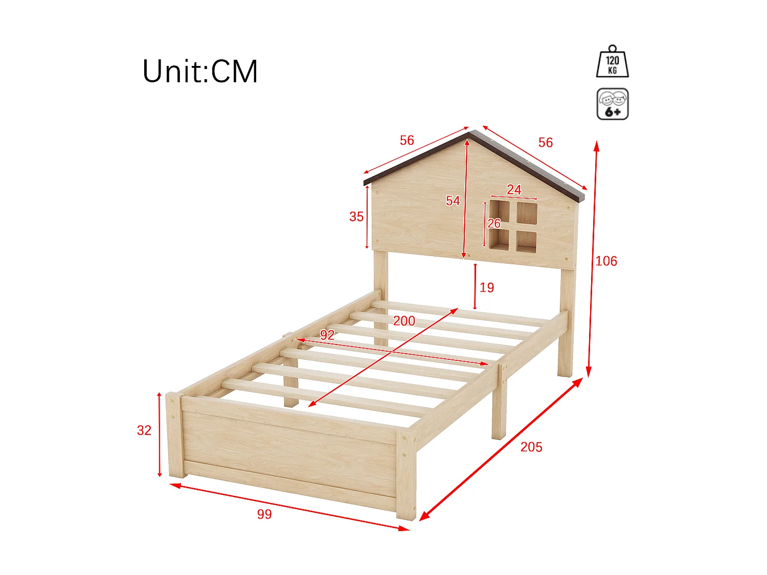 90 * 200cm lit plat pour les enfants, bois massif, petite décoration de fenêtre, veilleuse LED