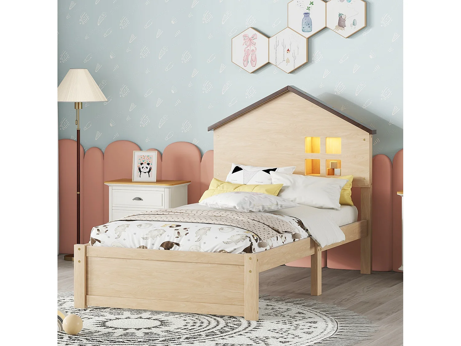 90 * 200cm lit plat pour les enfants, bois massif, petite décoration de fenêtre, veilleuse LED