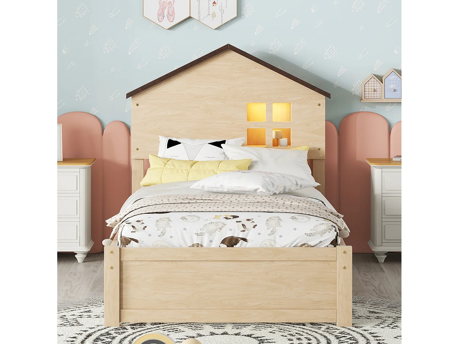 90 * 200cm lit plat pour les enfants, bois massif, petite décoration de fenêtre, veilleuse LED