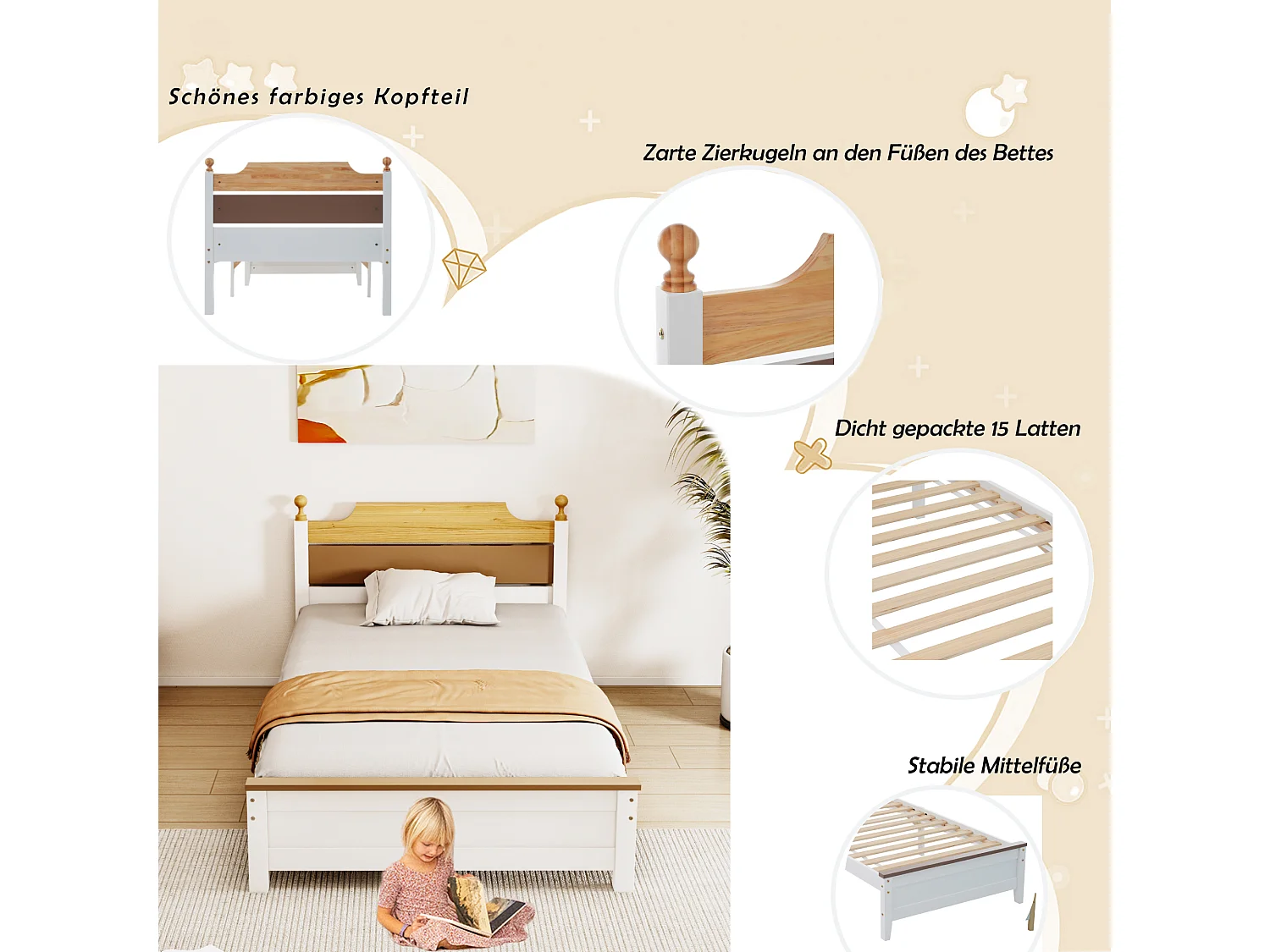 Lit Simple En Bois - 90 X 200 cm - Cadre En Pin Avec Pied Central - Tête Et Pied De Lit En Mdf - Blanc