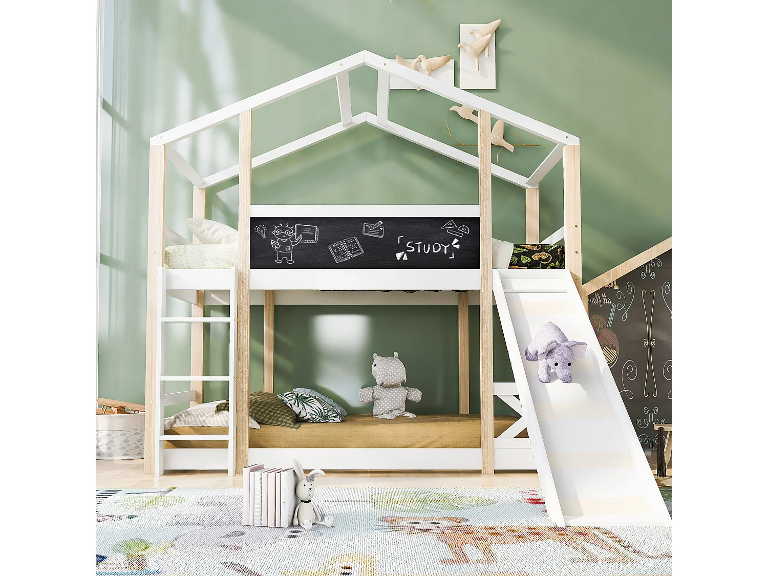 Lits Superposés 90 X 200 Avec Toboggan et Échelle - Protection Antichute - Multifonctionnel - En Bois Sans Matelas - Blanc