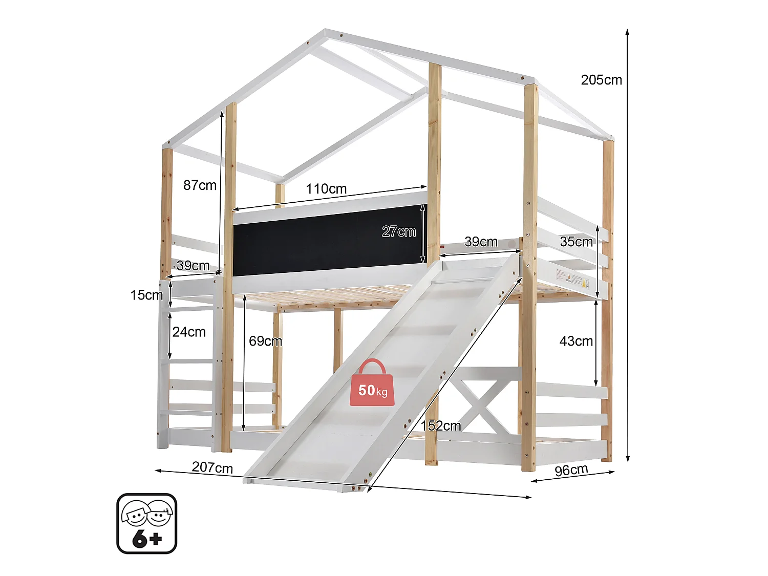 Lits Superposés 90 X 200 Avec Toboggan et Échelle - Protection Antichute - Multifonctionnel - En Bois Sans Matelas - Blanc