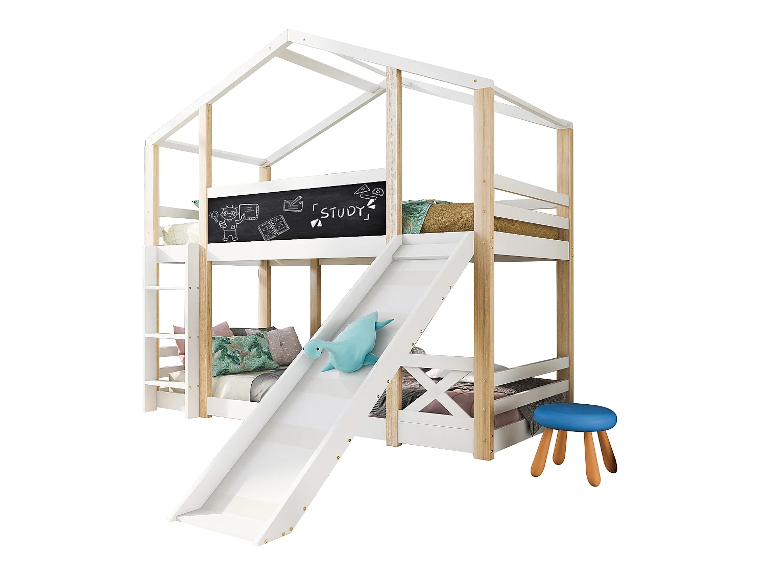 Lits Superposés 90 X 200 Avec Toboggan et Échelle - Protection Antichute - Multifonctionnel - En Bois Sans Matelas - Blanc