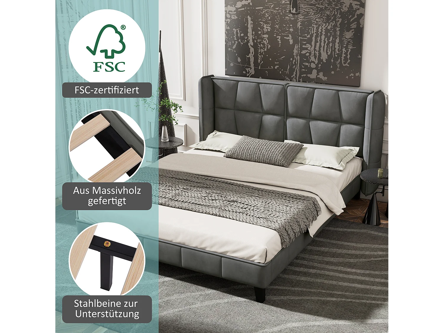 Lit Rembourré 140*200 cm Avec Sommier À Lattes En Bois et Tête De Lit - Velours - Gris