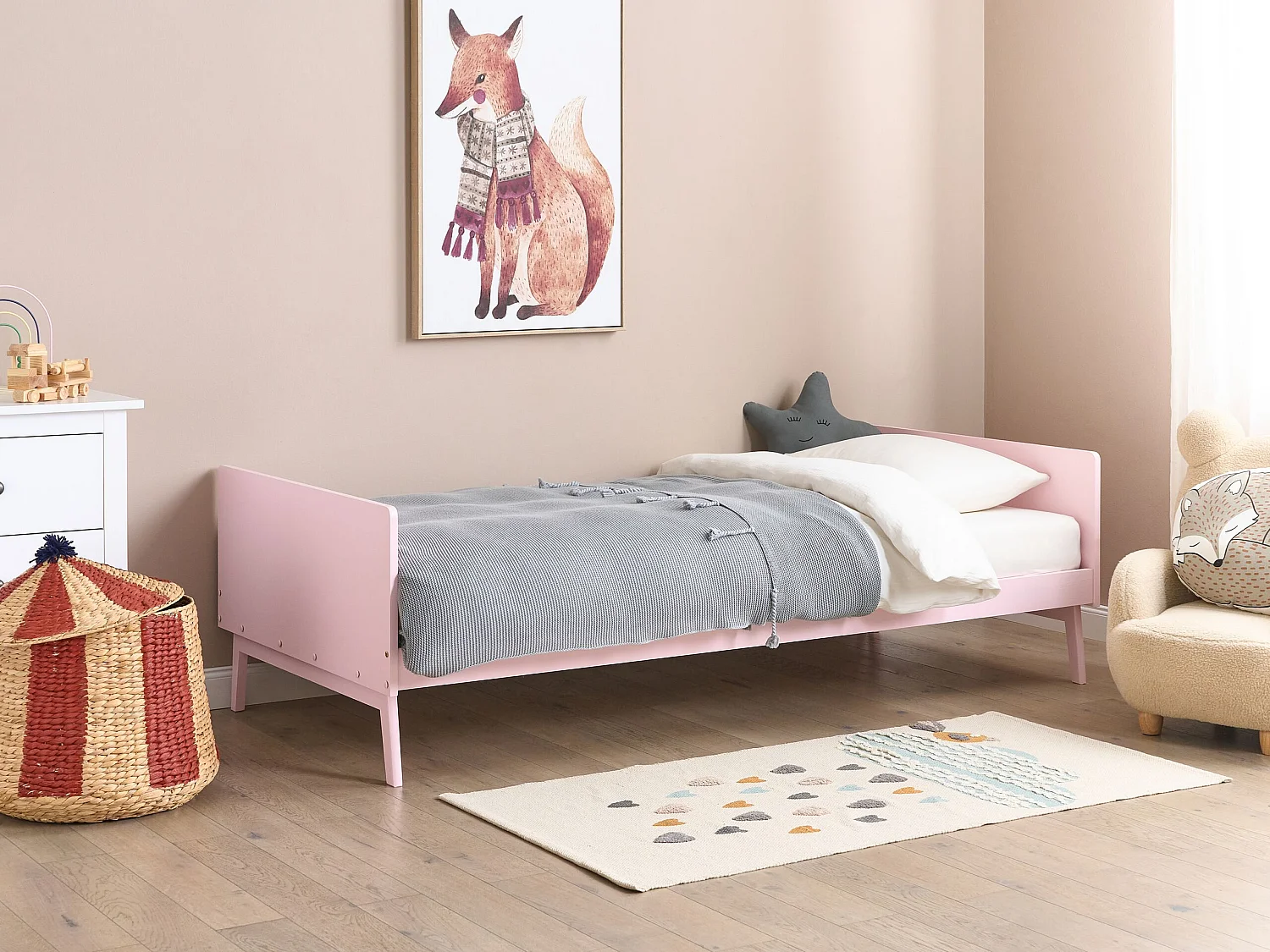 Bett Kiefernholz rosa 90 x 200 cm Einzelbett mit Lattenrost Skandi Stil Bonnac